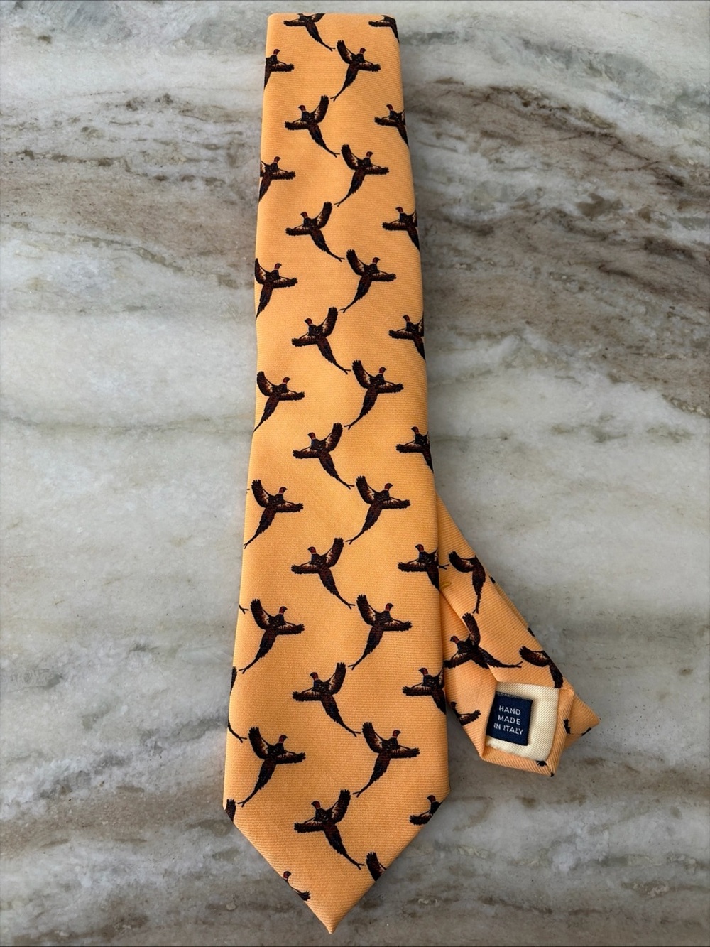 Polo Ralph Lauren Necktie Men’s Tie Italy Wool Challis Yellow Gold Pheasant Bird